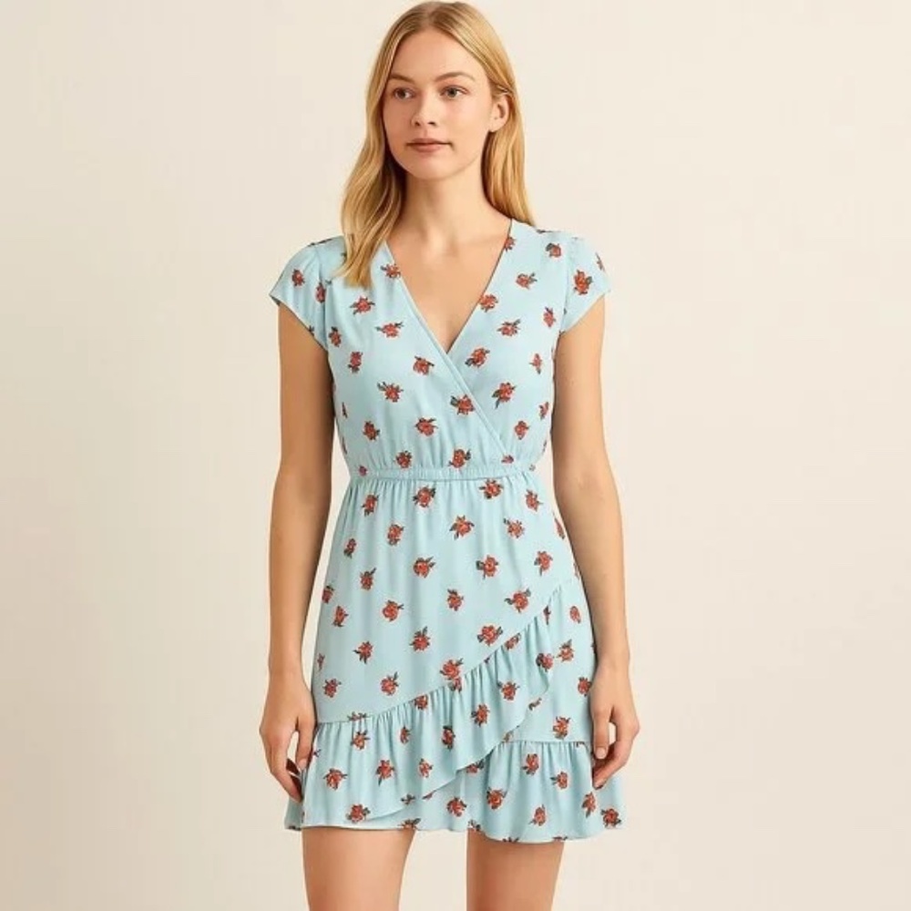 J. Crew Light Blue Floral Faux Wrap Dress size 2